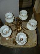 Brass Five Branch Chandelier with Glass Shades