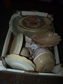 Box of Assorted Pink Pottery Plates, Dishes, Bowls, Etc