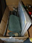 Box Containing Prints, Camera Case, Cutlery, Binoculars, Etc