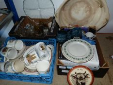 Three Boxes Containing Assorted Bric-a-Brac Including Commemorative Ware, Glassware, Wash Bowl, Etc