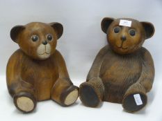 TWO CARVED WOOD TEDDY BEARS