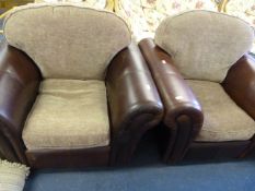PAIR OF LEATHER ARMCHAIRS WITH UPHOLSTERED CUSHIONS