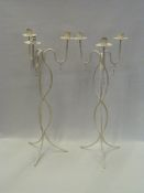 PAIR OF THREE BRANCH WHITE METAL CANDELABRA