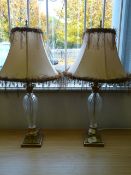 PAIR OF GLASS TABLE LAMPS WITH SHADES