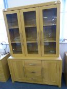 LIGHT OAK SIDEBOARD WITH GLAZED THREE DOOR UNIT
