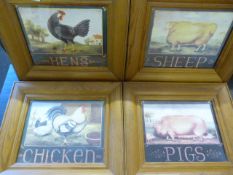 SET OF FOUR PINE FRAMED PRINTS OF FARM ANIMALS