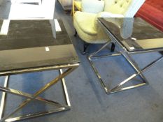 PAIR OF CHROME AND BLACK GLASS TABLES