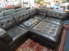 *BROWN LEATHER MODULAR CORNER SOFA WITH LARGE POUF