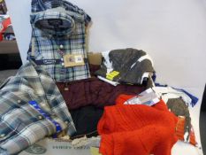 *BOX OF ASSORTED CLOTHING; PRINTED T-SHIRTS, MEN'S CHECKED SHIRTS, ETC