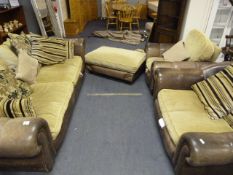 Brown Leather and Upholstered 3 Piece Suite Consisting of Large Sofa, 2 Seat Arm Chair and SIngle