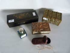 Brass Trinket Box, Dominoes, Ralph Lorenne Scent and Candlesticks Converted to Lamps