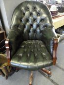 *Green Leather Deep Button Executive Swivel Armchair