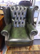 Green Leather Buttonback Winged Armchair