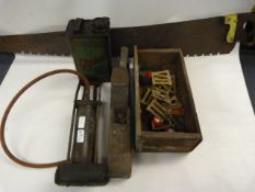 Vintage Dunlop Footpump, Castrol Oil Can, Large Saw, Metal Roman Numerals