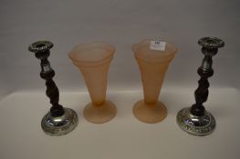 Pink Glass Vases and Barley Twist Candlesticks