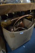 Box of Copper and Brassware, Kettles, Trivets, Etc.