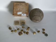 Box of Military Buttons, Commemorative Coins and a Bowling Wood