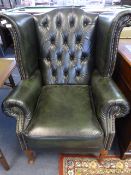 *Green Leather Buttonback Winged Armchair