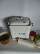 Enamel Breadbin, Pottery Rolling Pin and Tea/Coffee Cans