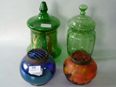 Two Green Glass Jars and Two Rose Bowls