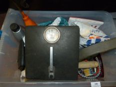 Box Containing JUmps Leads, Bathroom Scales, Mortaring Accessories