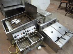 Mixed Lot Comprising of Gas Fired Chargrill, Two Two Basket Fryers and a Heated Display Unit