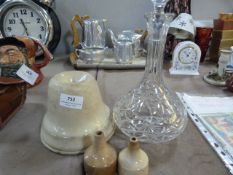 Cut Glass Decanter, Pair of Pie Funnels and a JellyMould