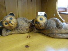 Pair of Reclining Carved Wood Teddy Bears