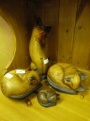 Four Carved Wood Siamese Cats