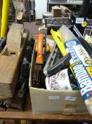 Box Containing Tins of Screws, Spirit Level, Miter Blocks and Other Tools