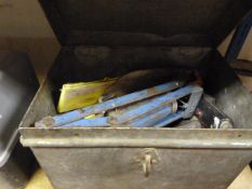 Tin Box Containing Sander, Trowels, Foot Pump, etc.