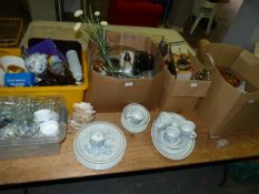 Five Boxes of Kitchenware, Trophies, Pottery Plates, Glassware and a Royal Doulton Inspiration