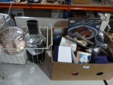 Two Blenders and a Box Containing Ornaments, Brass Curtain Ties, etc.