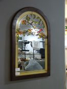 Pine Framed Arched Top Mirror Depicting Parakeets