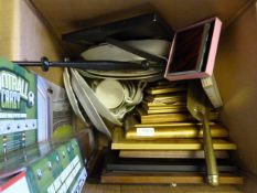 Box Containing Assorted Pictures, Brassware, Wrought Iron Candlestick, Decorative China, etc.