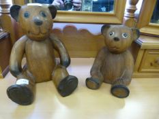 Two Carved Wood Teddy Bears