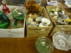 Three Boxes of Glassware, Pottery Ornaments and a Wall Clock