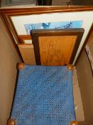 Box Containing Framed Prints and a Seagrass Stool