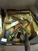 Box of Handtools; Hammer, Screwdrivers and a Scythe
