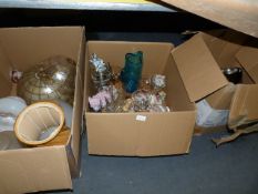 Three Boxes of Light Shades, Drinking Glassware, Brassware and Table Lamps