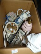 Box of Delft Pottery, Decorative Plates and a Table Lamp