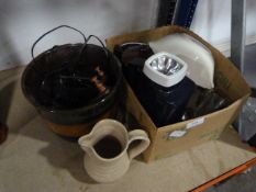 Box Containing Pottery Dinnerware and Jardiniere