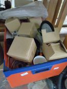 Box Containing Mugs, Extension Leads and a Mixer