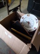 Box of Picture Frames, Wall Clock and Pottery