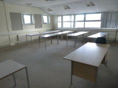 *Thirteen School Tables and Light Oak Teachers Desk and Chair (As Located in U44)