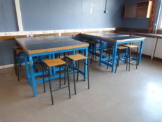 *Six Wood Framed Lab Tables with Twelve High Seat Stools