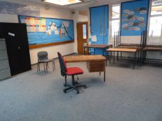 *Fourteen School Tables, Teachers Desk, 6' Stationery Cabinet, Four Drawer Foolscap Filing