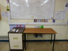 *Drywipe Whiteboard, Two Drawer Filing Cabinet, Table and Metal Rack