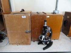 *Four Laboratory Microscopes in Wood Carry Cases