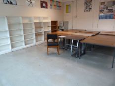 *Sixteen School Tables, Open Fronted Bookcases, Four Drawer Foolscap Filing Cabinet, etc.